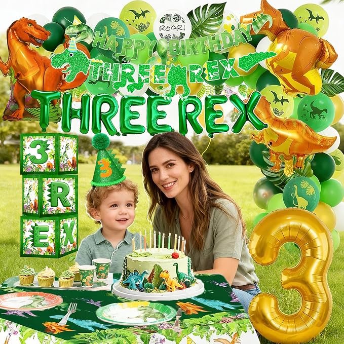 Three Rex Dinosaur 3rd Birthday Decorations For Boys – Dino 3rd Birthday Party Supplies With Banner, Letter Balloons, Backdrop, Tablecloth, Balloon And Boxes,Table Centerpieces For 3 Rex Party