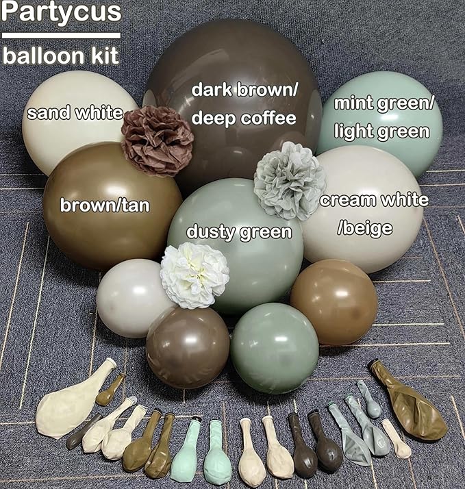 Dusty Green Nude Balloon Arch Double Stuffed Sage Green Brown Beige White Sand Balloon Garland Kit Tissue Paper Pom for Neutral Baby Shower Birthday Woodland Wedding Wild One Party Decor