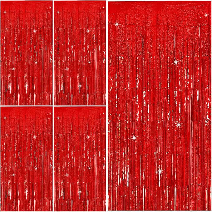 Tinsel Curtain Party Backdrop Red Birthday Party Decorations 5 Packs Glitter Foil Fringe Curtain Decor Streamers Photo Booth for Christmas Wedding Halloween Graduation