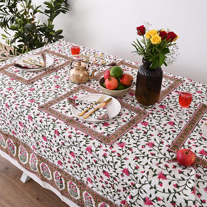 Hand Block Printed Tablecloth, Colorful Floral Print, Indian Artisan Handmade Art, Dining Room, Kitchen, Outdoor Décor, (Rosy Elegance, 10 Seater 72 x 118 Inches Rectangle)