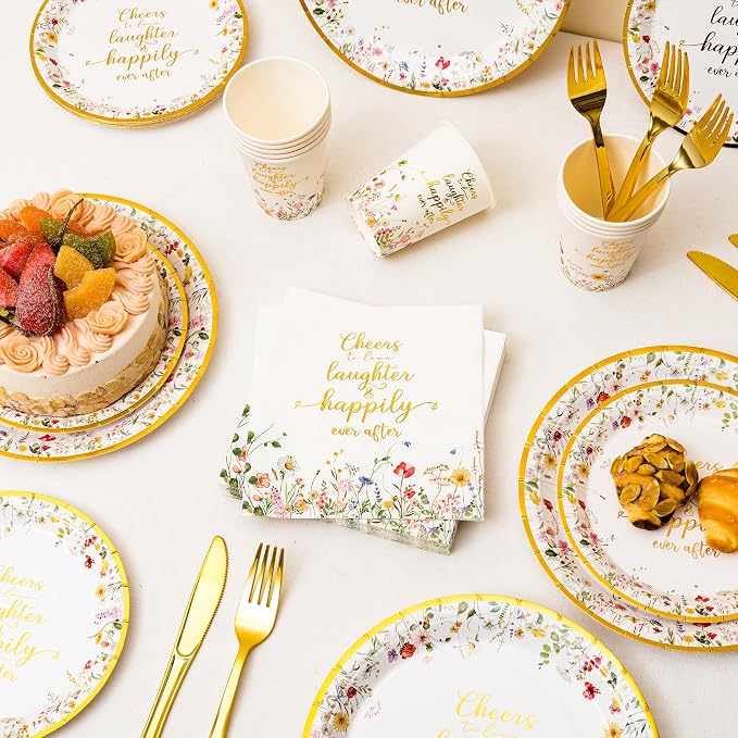 Crisky Bridal Shower Plates and Napkins Gold Cheers to Love Disposable Tableware Set of 24 for Engagement Bridal Shower Wedding Party Decorations (Plates, Napkin, Cups, Tablecloth, Knife & Fork)