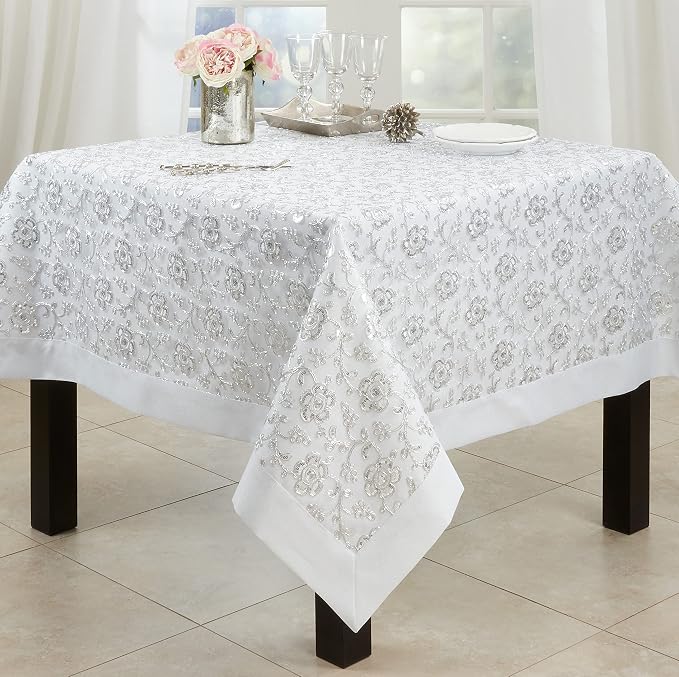 SARO LIFESTYLE Floral Embroidered Tablecloth, White, 65"