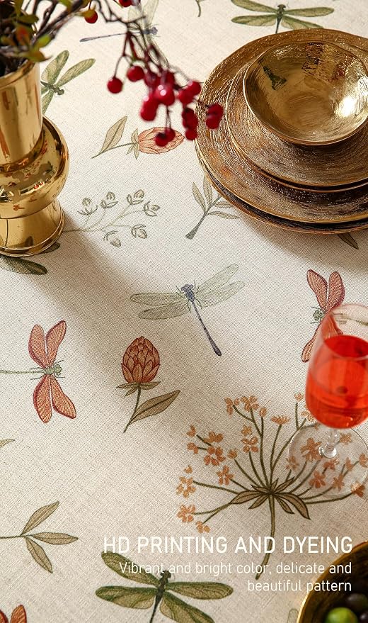ISAENNE Designer Rectangular Elegant Linen Tablecloth,71"x55"-Grace B | Vintage French Printed Table Cloth Rectangle Table,Dragonfly Pattern,Durable,Heavyweight,Dining,Kitchen,Thanksgiving