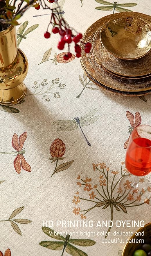 ISAENNE Designer Rectangular Elegant Linen Tablecloth,79"x55"-Grace B | Vintage French Printed Table Cloth Rectangle Table,Dragonfly Pattern,Durable,Heavyweight,Dining,Kitchen,Thanksgiving