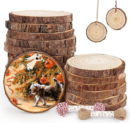 ilauke Wood Slices, 20 Pcs 3.5"-4" Natural Wood Rounds with Predrilled Hole, Wooden Circles with Bark, Unfinished Wood Kit for Paint DIY Ornaments Christmas Crafts Arts Wedding Decorations