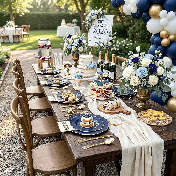 NOCCUR 175PCS Blue Plastic Plates with Disposable Silverware - Include 50 Blue Disposable Plates with Gold Rim,75 Gold Cutlery,25 Cups,25Napkins for Party/Wedding/Graduation/Independence Day