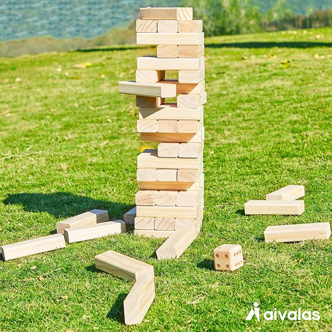 Aivalas Giant Tumbling Timber Games, 60 Blocks Large Tower Outdoor Game - Includes Carry Bag and Scoreboard, Wood Stacking Backyard Game Grows Up to 5FT for Kids Adults Family