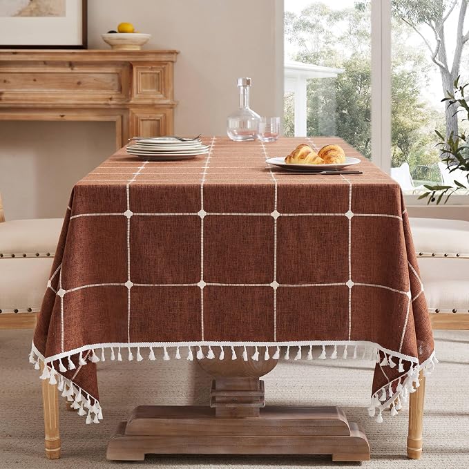 ZeeMart Boho Grid Table Cloth with Tassels (Terracota, 52" x 52"), Heavy Weight Linen Checked Embroidered Farmhouse Tablecloth, Water Resistant Square Rust Tablecloths