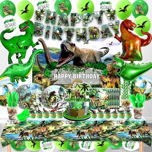 Dinosaur Birthday Decorations, Dino Theme Party Supplies&Decorations Set Include Banner Tablecloth Balloons Cake Toppers Plate Napkin for Kids Party