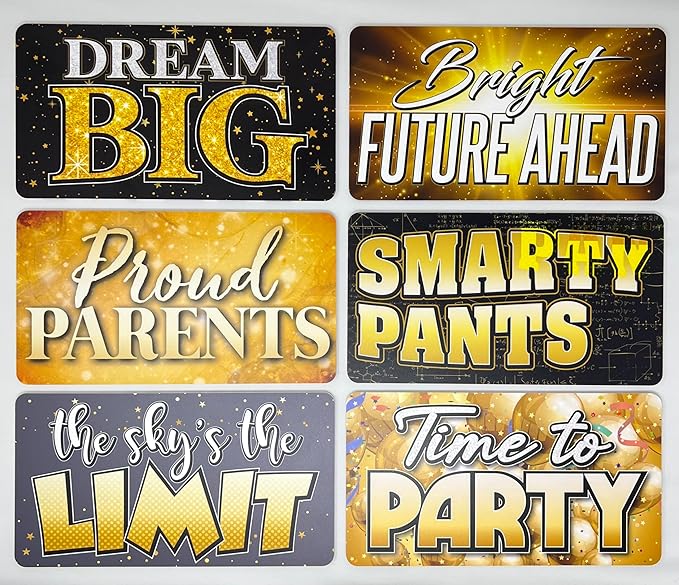 KING PROPS Graduation Photo Booth Prop Decorations 6 Count, Any Graduation Party, Water Proof Multi Color Double Sided Gold and Black Selfie Photoshoot Party Props