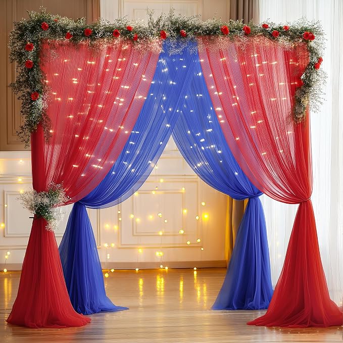 10x10ft Royal Blue Red Tulle Backdrop Curtain with Lights String for Parites, Sheer Photo Backdrop Curtains with lights for Wedding Backdrop Ceremony Reception Bridal Shower Baby Shower Birthday Party