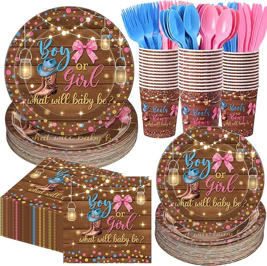 400 Pcs Boots Bows Gender Reveal Party Decoration for 50, Boy or Girl Plates Napkins Cups Cutlery Blue Pink Disposable Tableware for Baby Shower Gender Reveal Party Supply