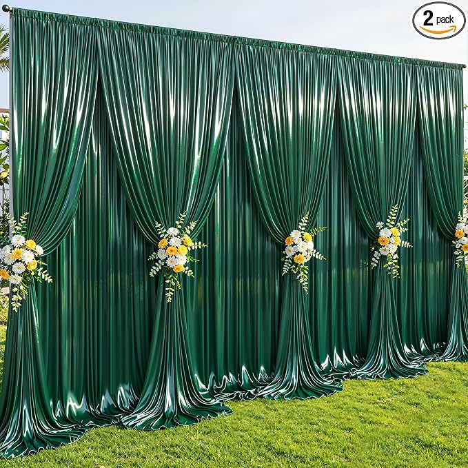 40x10ft Dark Green Glitter Backdrop Curtain for Parties, Wrinkle Free Satin Photo Backdrop Drapes 8 Panels 5x10FT Shimmer Back Drop Cloth for Wedding Birthday Baby Shower Photography Background Decor