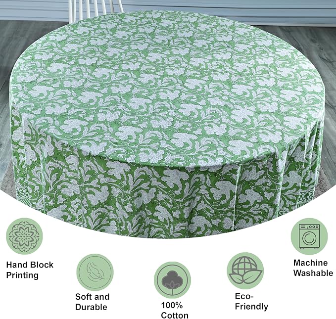 Ridhi Round Tablecloth Hand Block Print 100% Cotton Reusable Sage Green 90 Inch Table Cover Decorative Everyday Use for Dining, Home, Party, Wedding, Farmhouse, Party Gift for Spring, Mother's Day