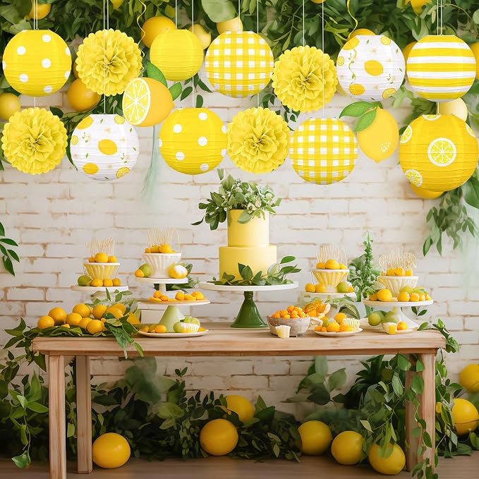 Renbuzhu 15PCS Summer Lemon Party Decorations Paper Lanterns Pom Poms Hanging Swirls Yellow Theme Lemonade Stand Italian Decor for Birthday Home Backyard Indoor Outdoor