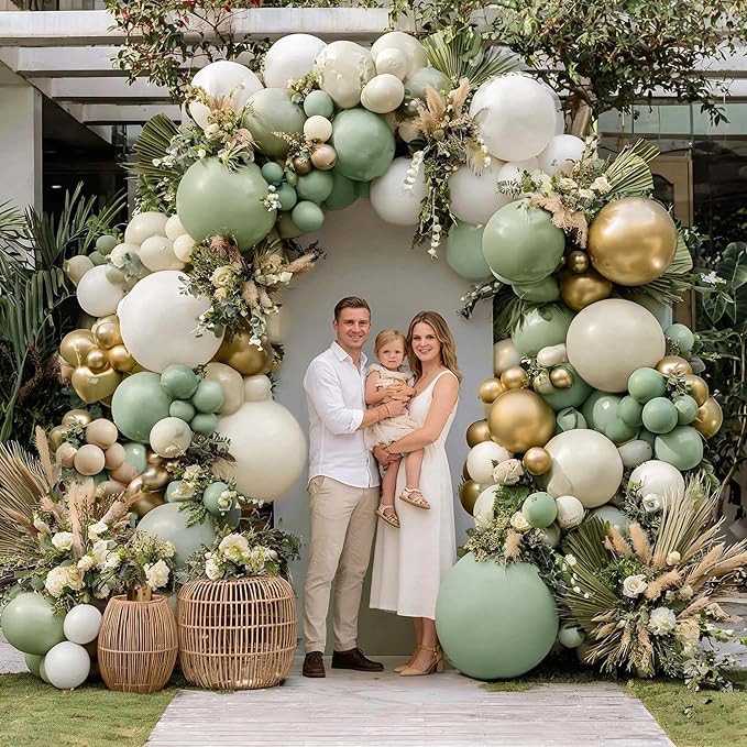 Dusty Green White Gold Balloon Garland Double Stuffed Light Sage Green White Sand Beige Balloon Arch Kit Olive Cream Metallic Balloons for Baby Bridal Shower Birthday Wedding Wild One Party Decor