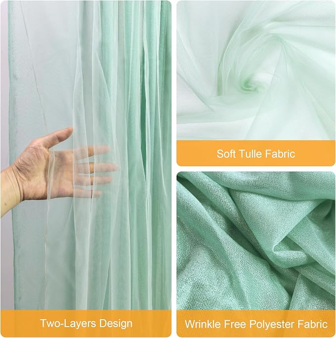 Fomcet Tulle Curtains with Lights String Green 10FT X 10FT Sheer Backdrop Curtains for Parties Wedding Baby Shower Photo Shoot Decorations (2 Panels 5x10FT)