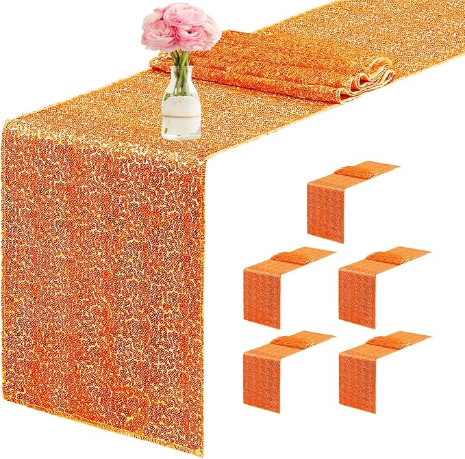 6 Packs 12 x 72 inches Sequin Table Runner, Orange Glitter Table Runner for Birthday Party Supplies Wedding Engagement Baby Shower Holiday Celebration Event Decorations