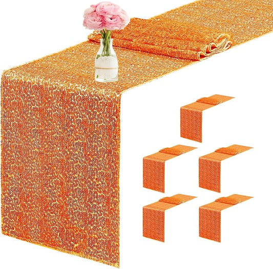 6 Packs 12 x 72 inches Sequin Table Runner, Orange Glitter Table Runner for Birthday Party Supplies Wedding Engagement Baby Shower Holiday Celebration Event Decorations
