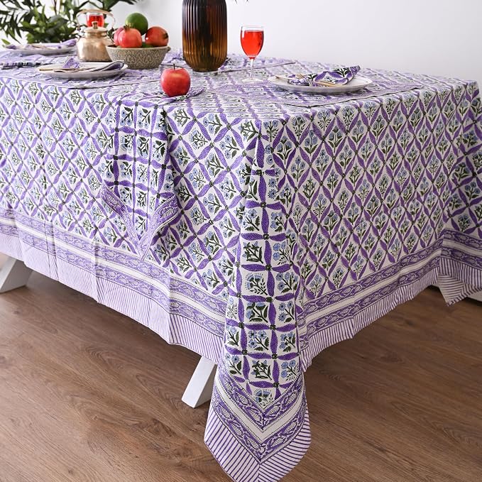 Hand Block Printed Tablecloth, Colorful Floral Print, Indian Artisan Handmade Art, Dining Room, Kitchen, Outdoor Décor, (Royal Purple Flora, 10 Seater 72 x 118 Inches Rectangle)