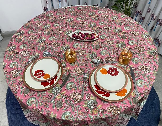 Ridhi Round Tablecloth Hand Block Print Cotton Reusable Coral Pink & Forest Green 110 Inch Table Cover Decorative Everyday Use for Dining, Home, Party, Wedding Gift for Spring, Easter, Valentine