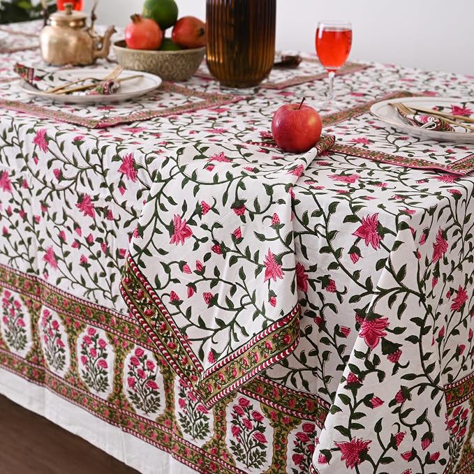 Hand Block Printed Tablecloth, Colorful Floral Print, Indian Artisan Handmade Art, Dining Room, Kitchen, Outdoor Décor, (Rosy Elegance, 12 Seater 72 x 135 Inches Rectangle)
