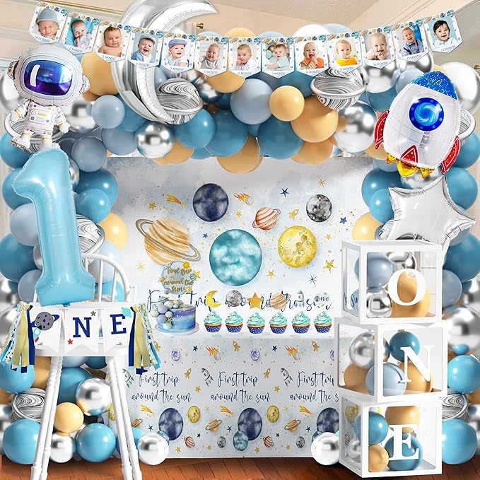 First Trip Around The Sun Birthday Party Decorations for boy 1st Birthday Supplies First Trip Around The Sun Backdrop Balloons Garland Monthly Photo Banner Space Theme Party Decor