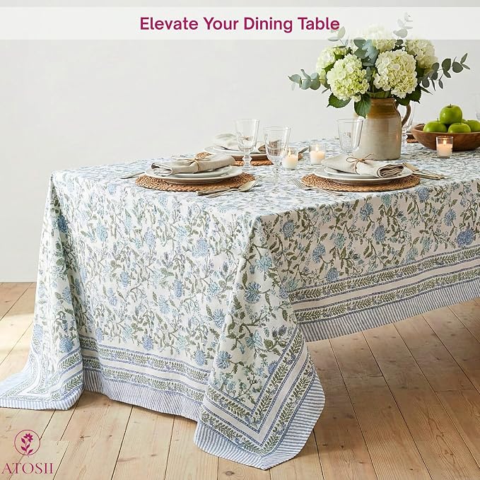 ATOSII Mahoka Blue 100% Cotton Fall Tablecloth, Handblock Floral Linen Table Cloth for Kitchen Dining Table I Parties Weddings Outdoors Easter Valentine's Gift I 60 X 108 Inches I 8 Seater