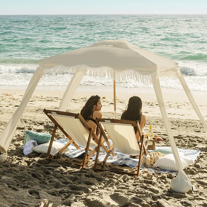 AMMSUN Beach Cabana with Fringe, 7' x 7' Boho Beach Canopy with Tassels, Easy Set up & Premium Wood Pole, Cabana Tent with Sand Pockets, Instant Sun Shade for Sand, Garden, Patio, Beige