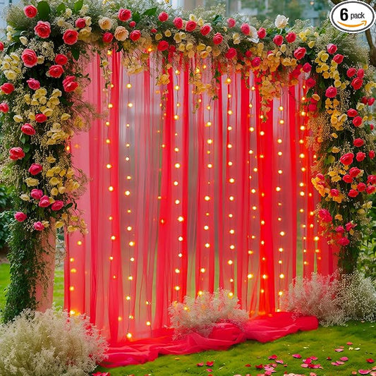 30×10ft Red Tulle Backdrop Curtain with Lights String for Parties, Sheer Photo Backdrop Curtains for Wedding Party Photography Background