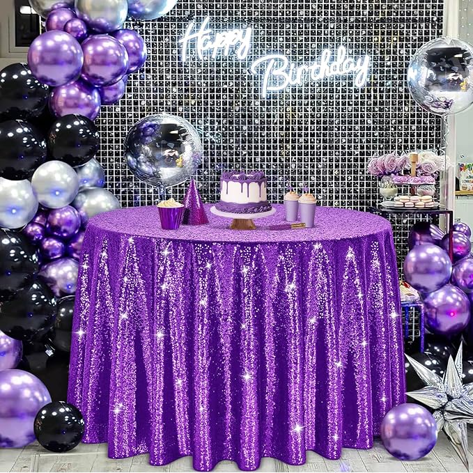 B-COOL Sequin Tablecloth Round Party Decorations: Purple Table Cloth Overlay 120 Inch Sparkle Fabric for Birthday Ceremony Parties Halloween