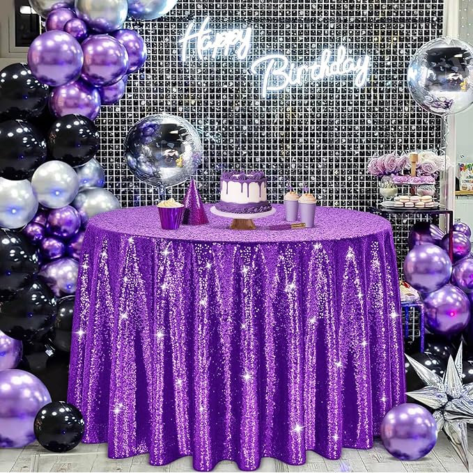 B-COOL Sequin Tablecloth Round Party Decorations: Purple Table Cloth Overlay 90 Inch Sparkle Fabric for Birthday Beach Parties Halloween