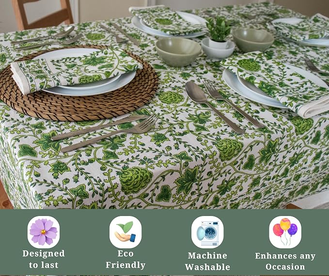 Light Green Block Print Table Cloth- 60x90 Inch Rectangle 100% Cotton Handmade Pre-Shrink, Washable for Spring, Kitchen & Dining Perfect for Chirstmas, Patio, Indoor & Outdoor, Farmhouse