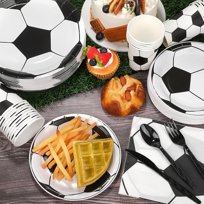Kochorie 400 Pieces Soccer Disposable Party Tableware Sets Including Plates Cups Napkins Cutlery Serves 50 for Soccer Games Sports Birthday Party Decorations