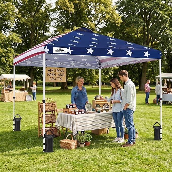 EAGLE PEAK Pop Up Canopy Tent with Wheeled Carry Bag, 8 Stakes, 4 Ropes, 4 Weight Bags, Easy Set Up Tent Canopy, 10x10 ft, 100sqft of Shade, American Flag