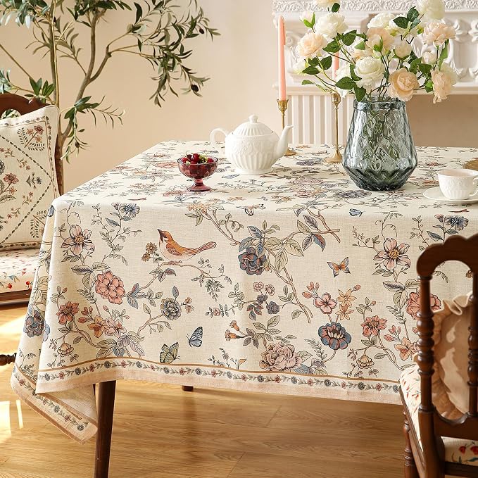 ISAENNE Designer French Linen Square Tablecloth,55"x55"-Cornucopia | Vintage Elegant Floral and Bird Pattern Beautiful Small Durable Table Cloth for Dining Tea Party Kitchen Thanksgiving