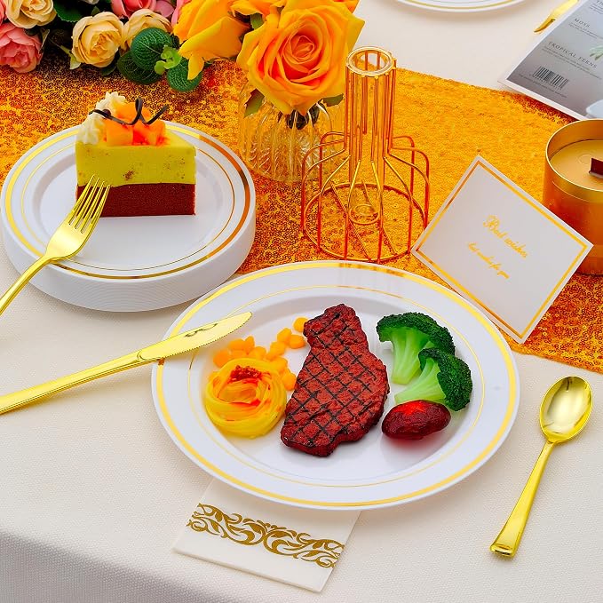 175 PCS Gold Dinnerware Set for 25 Guests, Gold Rimmed White Heavy Duty Plastic Disposable Plates for Party Wedding with 25 Dinner Plates,Dessert Plates, Silverware Set, Cups, Napkins