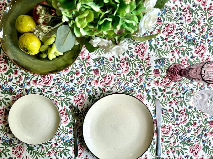 ATOSII Ambrosia 100% Cotton Rectangle Boho Spring Summer Tablecloth, Handblock Floral Table Cloth Linen for Kitchen Dining I Parties Wedding Outdoors Easter I 72 X 140 Inches I 12 Seater