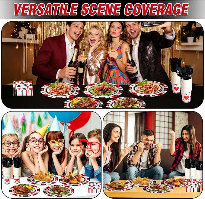 400 Pcs Disposable Casino Tableware Set for 50 Guests | Heavy-Duty 7" & 9" Paper Plates, Cups, 13" Napkins & Plastic Cutlery for Casino Night Vegas Game Night Poker Party Supplies