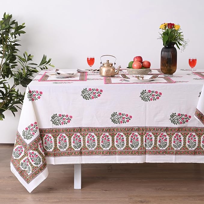 Hand Block Printed Tablecloth, Colorful Floral Print, Indian Artisan Handmade Art, Dining Room, Kitchen, Outdoor Décor, (Soft Petal Glow, 16 Seater 72 x 190 Inches Rectangle)