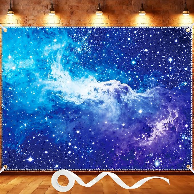 Galaxy Backdrop 8x6ft Starry Sky Universe Space Nebula Photo Background – Cosmic Galaxy Wall Hanging for Bedroom Decor & Party Decorations with Ribbon, Polyester Fabric