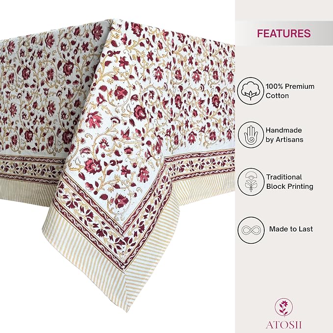 ATOSII Sophia 100% Cotton Square Boho Spring Summer Tablecloth, Handblock Floral Table Cloth Linen for Kitchen Dining I Parties Wedding Outdoors Picnic Easter Decor 60 X 60 Inches I 4 Seater