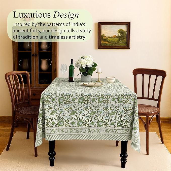 CPC Block Print Tablecloth Agate Green 120"x80" Rectangular 100% Cotton Reusable Table Cover, Everyday Decorative Table Cloth Use for Dining, Farmhouse, Home Gift for Spring,Summer