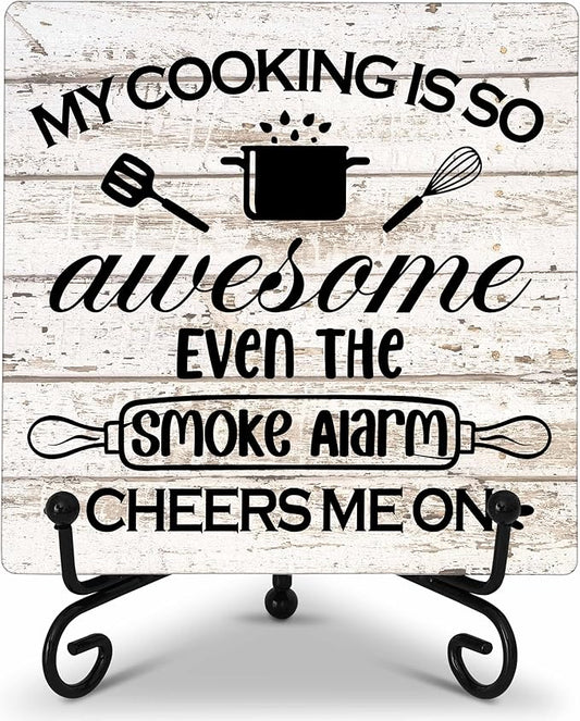 Kitchen Counter Decor, My Cooking Is So Awesome, Table Decorations for Dining Room, Farmhouse Kitchen Wooden Plaque with Iron Stand for Table Shelf Display-A03