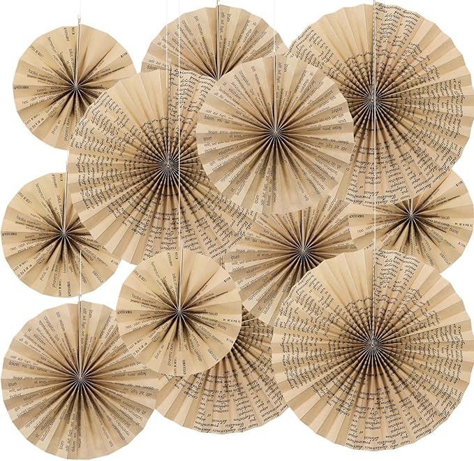 Feifeiya 12 Pcs Vintage Book Hanging Paper Fans 8'' 12'' 16'' Vintage Pages Book Paper Fans Set Round Kraft Newspaper Hanging Ornaments Decorations for Library Club Birthday Wedding Events Party