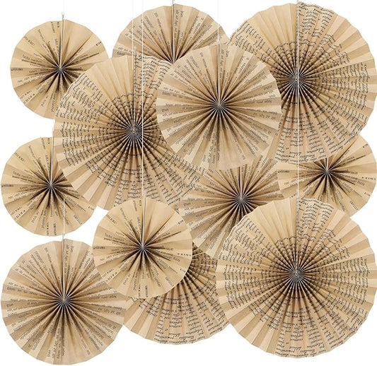Feifeiya 12 Pcs Vintage Book Hanging Paper Fans 8'' 12'' 16'' Vintage Pages Book Paper Fans Set Round Kraft Newspaper Hanging Ornaments Decorations for Library Club Birthday Wedding Events Party