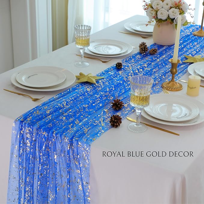 Snowkingdom Royal Blue Gold Table Runner 10 FT 120 Inch, Sparkle Sequin Glitter Metallic Foil Cheesecloth Sheer Gauze Chiffon Tulle Luxury Table Decorations for Wedding Party Birthday Graduation