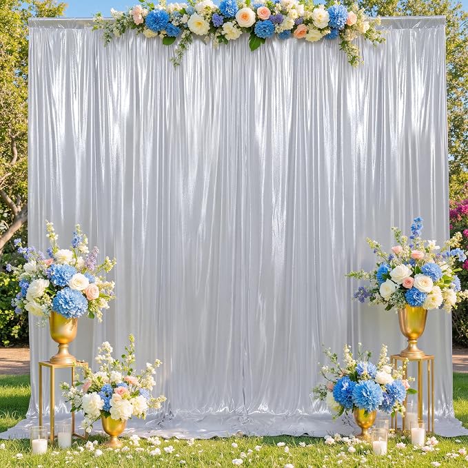 gogoparti Silver Backdrop Curtain 5x12FT 1 Panel Metallic Shine Fabric, No Shedding Wrinkle Free Glitter Drapes for Birthday Party, Event Background, Photography Decor