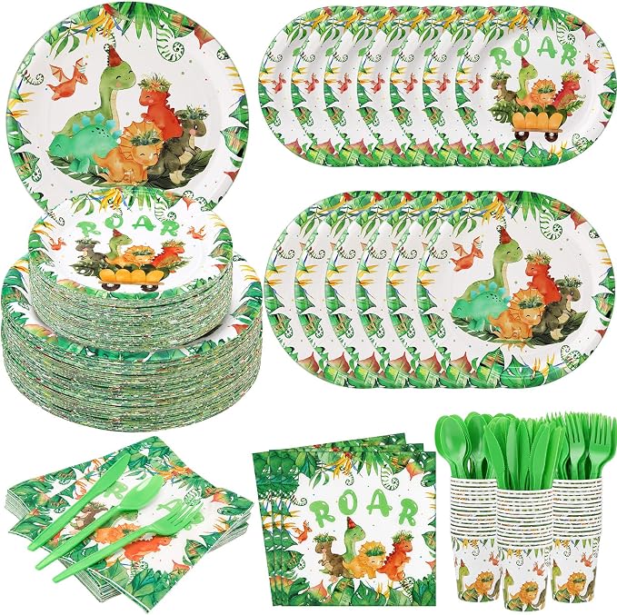 Ziliny 280 Pcs Dinosaur Tableware Set Disposable Dinosaur Paper Plates and Napkins Paper Cups Green Plastic Knives Forks Spoons for Baby Shower Wedding Birthday Party Supplies, Serve 40