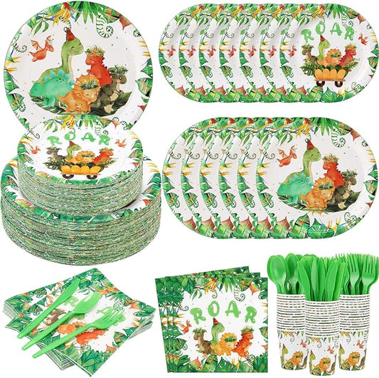 Ziliny 280 Pcs Dinosaur Tableware Set Disposable Dinosaur Paper Plates and Napkins Paper Cups Green Plastic Knives Forks Spoons for Baby Shower Wedding Birthday Party Supplies, Serve 40